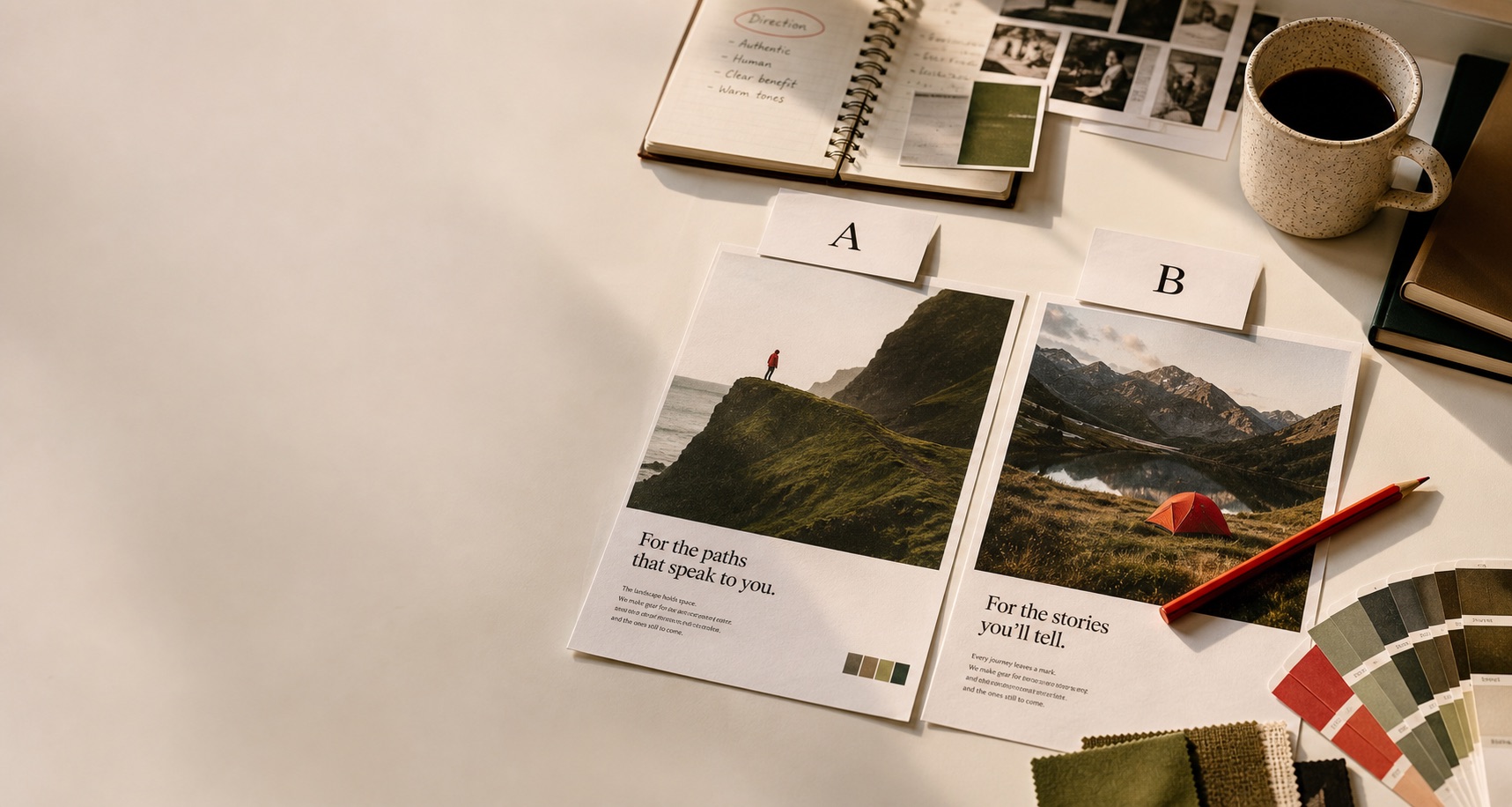 Editorial desk with anonymous A and B campaign tear sheets, color swatches, and review notes