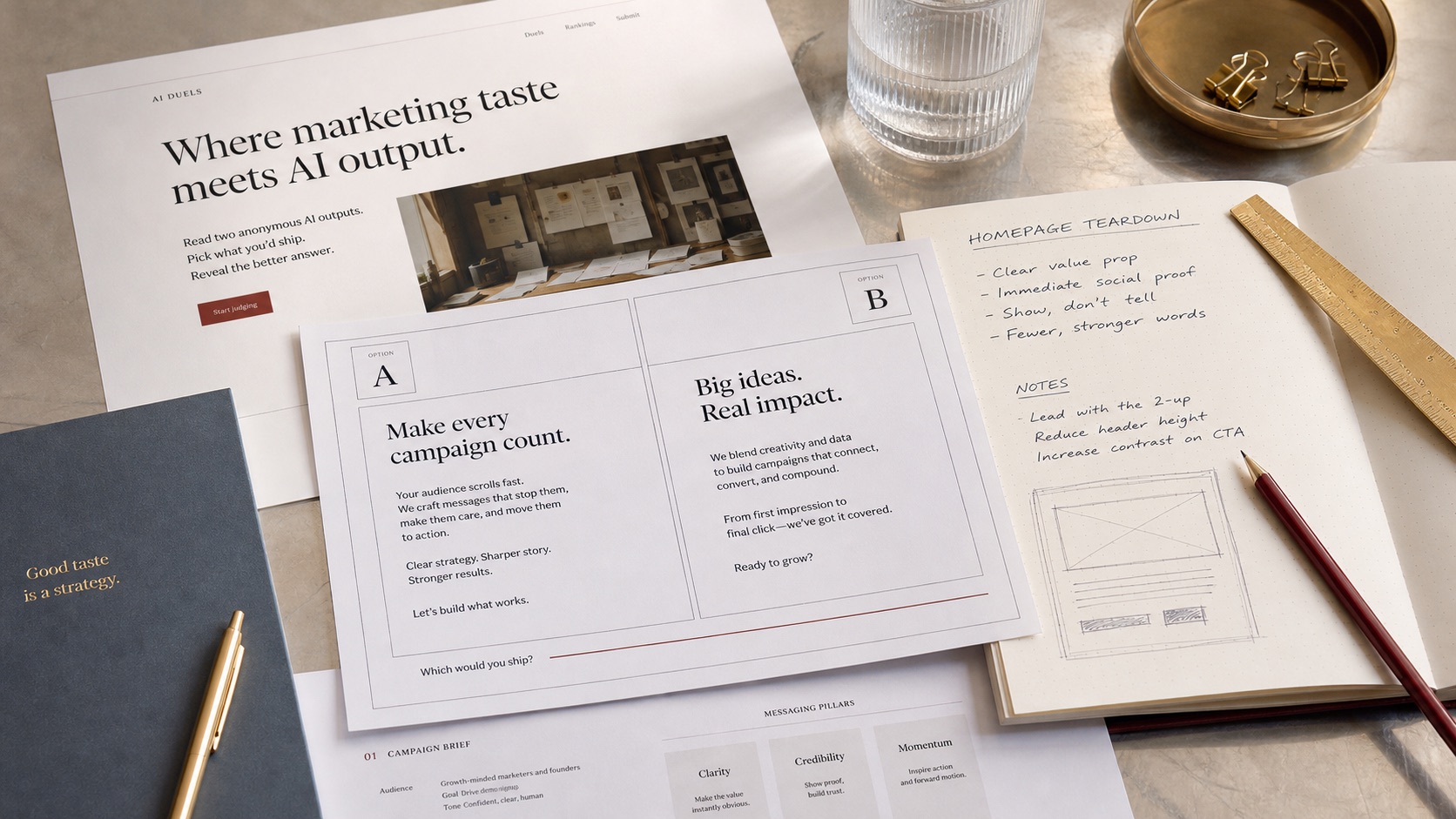 Wireframe prints, landing page hero variations, and sticker specs pinned on a dark wall
