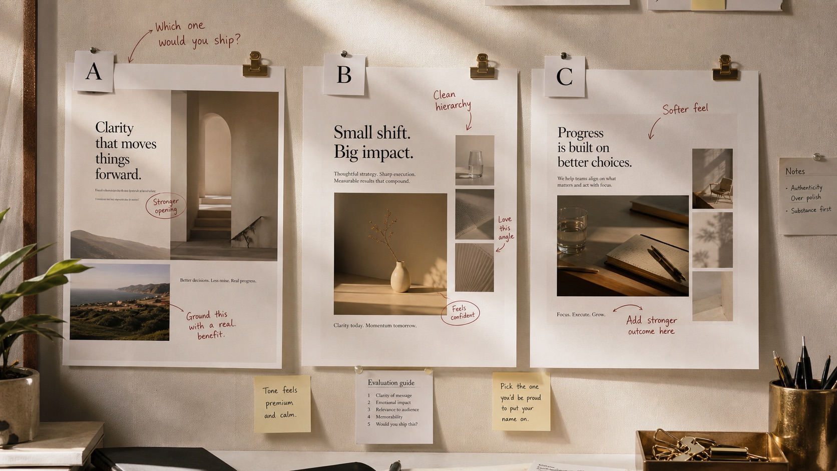 Campaign board showing logo iterations, typography swatches, and test prints