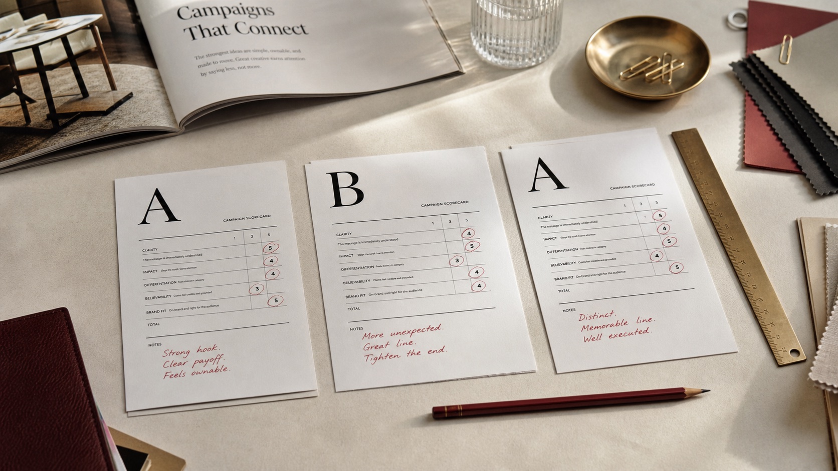 Marketer notes and scorecards comparing ad copy hooks and layout options